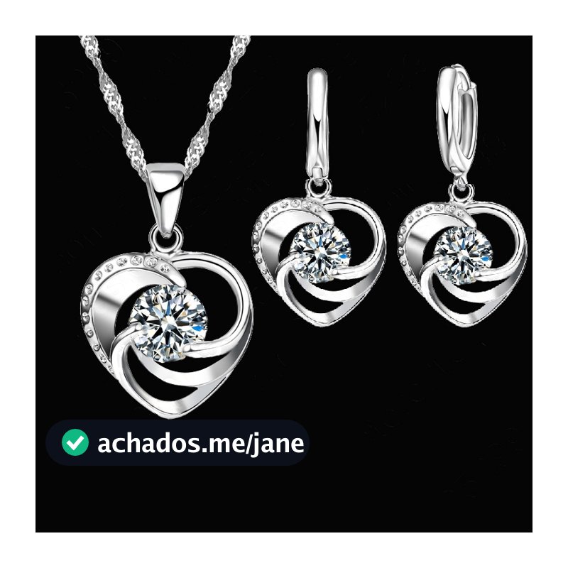 Conjunto de Brincos e Colar Feminino  em Prata Esterlina 925 45cm com Pingente Coração e Pedras Zircão