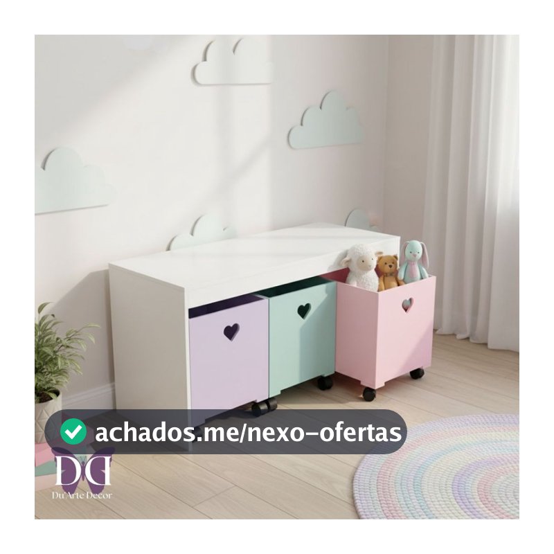 Organizador de Brinquedos Bancada Infantil 3 Gavetas Com Rodinhas em MDF