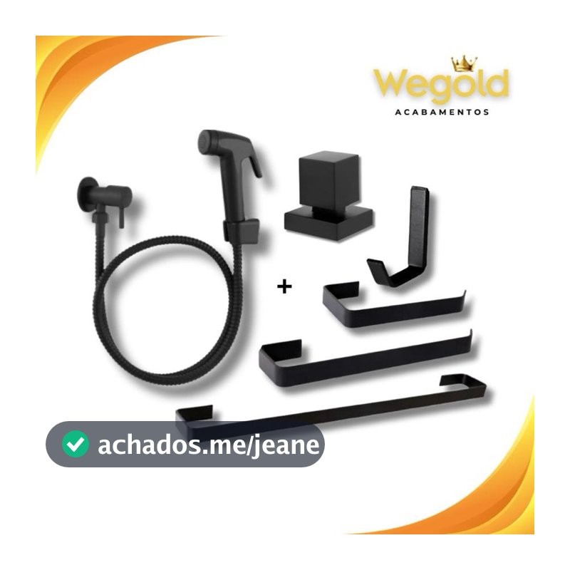 Kit Acessórios Para Banheiro 4 Peças Quadrado Preto Fosco + Ducha Higiênica e Acabamento Quadrado Preto Fosco Luxo
