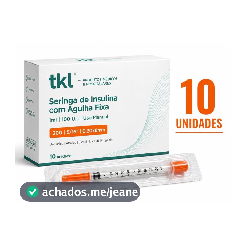 Seringa Insulina 8x30mm 100 U.I 1ml Agulha Fixa Ultrafina. TKL