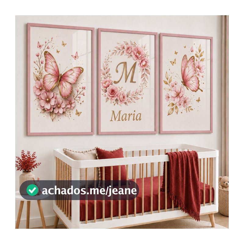 Kit 3 Quadros Decorativos Infantil Menina Quarto Bebê Placa Decorativa Borboletas Rosa Com Nome E Inicial Personalizado