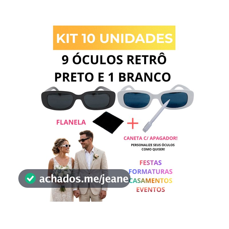 Kit 9 Óculos Retro Preto e 1 Óculos Retrô Branco + Caneta Branca + Flanela Evento Festa Casamento