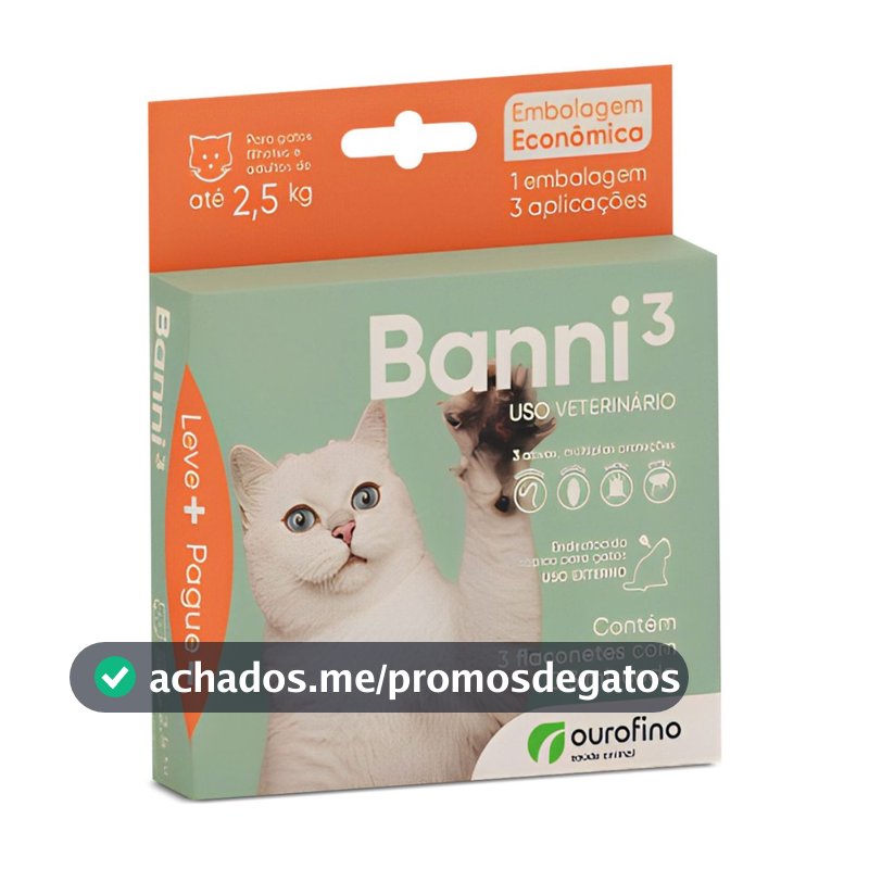 Banni 3 Antipulgas p/ Gatos até 2,5kg 0,3 ml C/3 Flaconetes