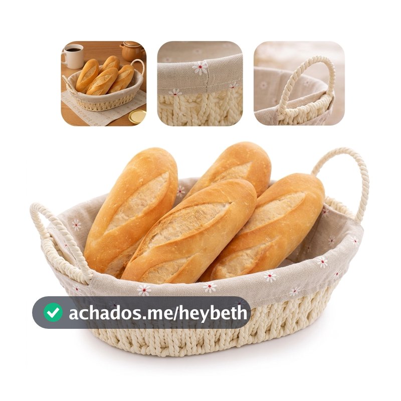 Cesto de Pão Redondo Retangular Oval Para Café da Manhã com Forro e Alça Lateral Cozinha Multiuso
