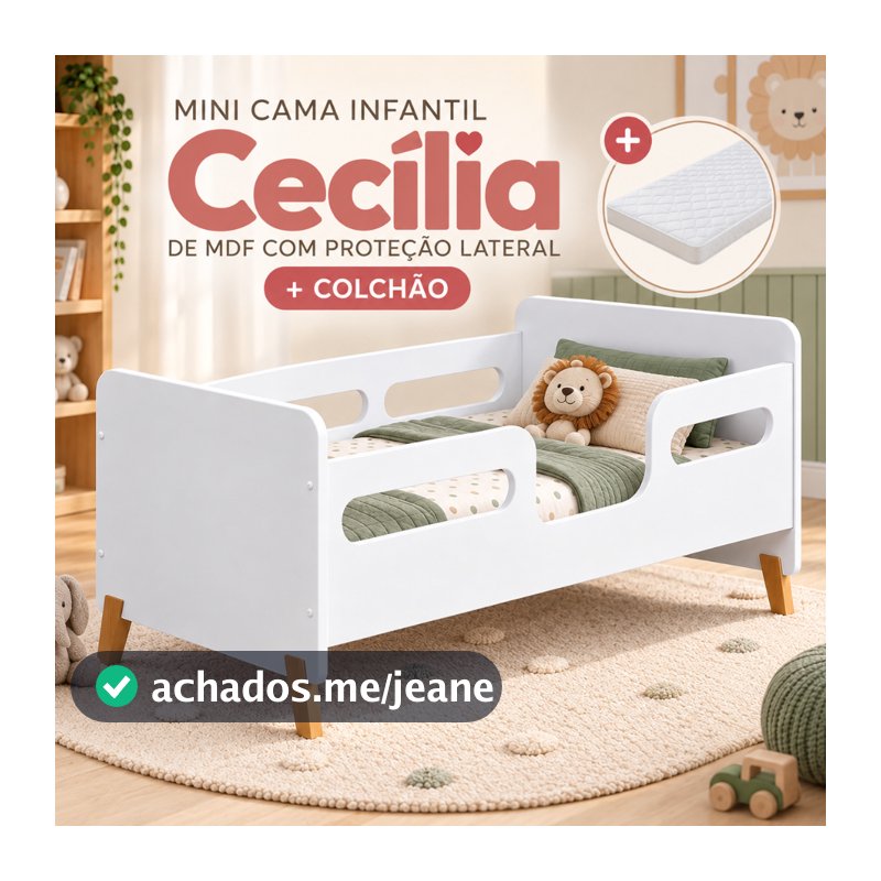 Mini Cama Infantil Cecília De MDF Com Proteção Lateral + Colchão