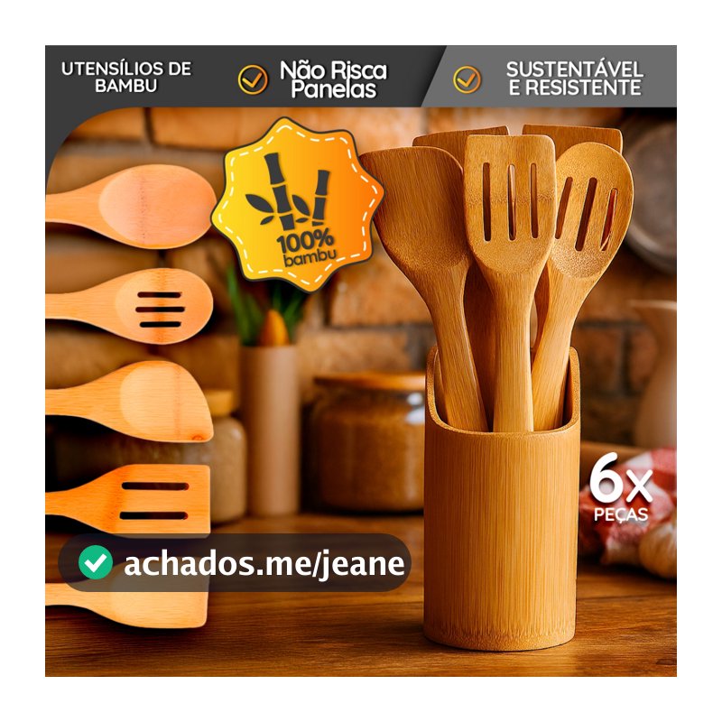 Kit 6 Utensílios de Bambu com Suporte – Cozinha Natural e Sustentável