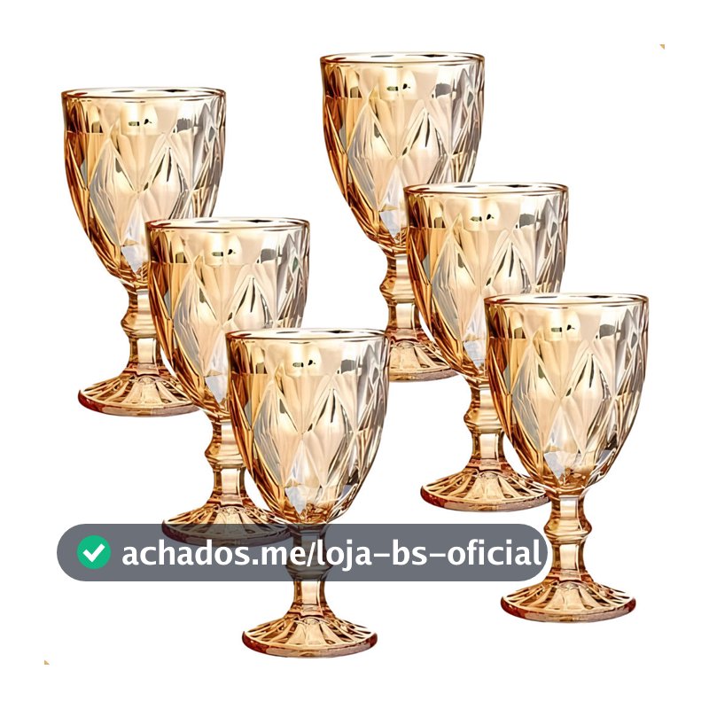Jogo de 6 Taças de Vidro Diamond Transparente Ambar Furta Cor Verde Azul Fume Bico De Jaca 330ml