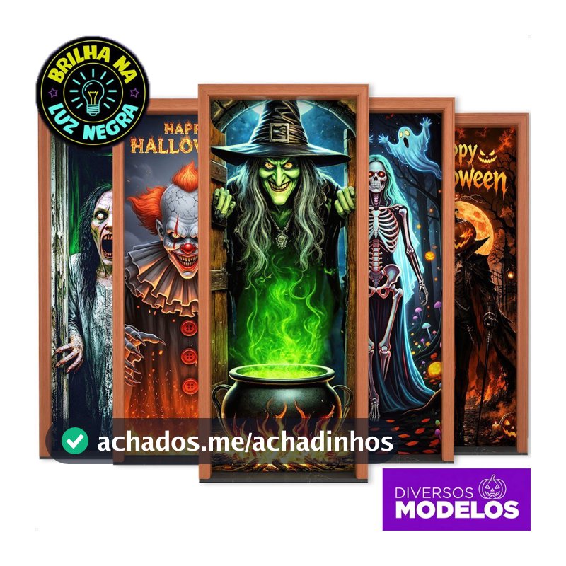 Capa de Porta Halloween Decoração Terror Dia das Bruxas Neon Brilha C/ Luz Negra 0,80x2,1m Tecido Sublimado
