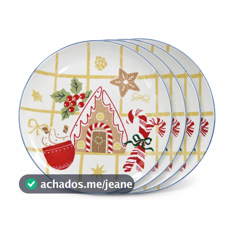 Kit 4 Pratos Rasos Cerâmica Natal Casinha de Gengibre 26cm