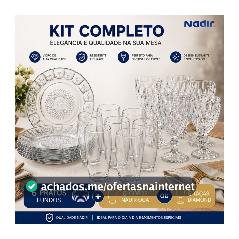 Kit 6 Copos ou Taças + 6 Pratos Fundos Vidro Resistente Jogo Mesa Cozinha