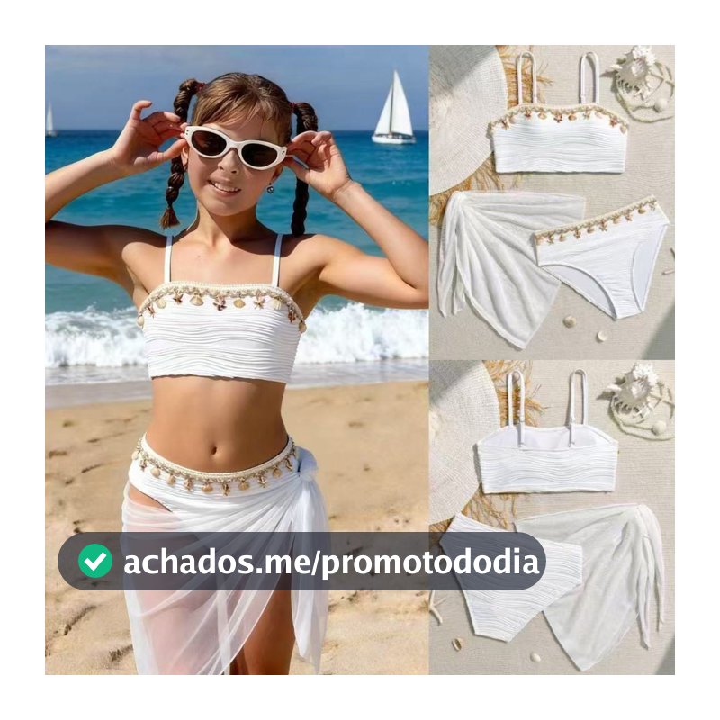 [Anil] Conjunto De Biquíni De 3 Peças Para Meninas Adolescentes 8-12 Anos Concha Estrela Do Mar Decoração Bandeau Maiô M