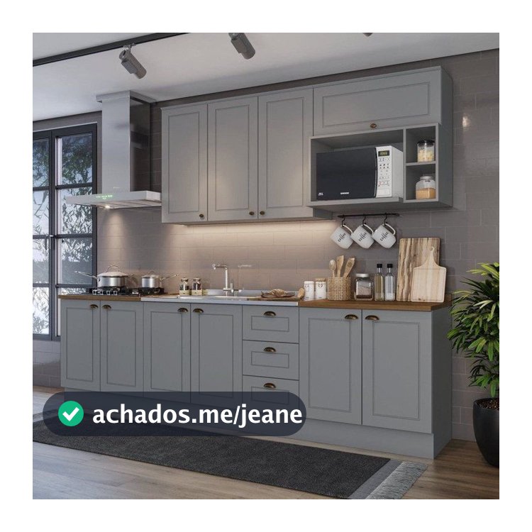 Cozinha Compacta Modulada 6 Peças com Tampo para Cooktop Emily Cinza/Nature Cinza/Nature