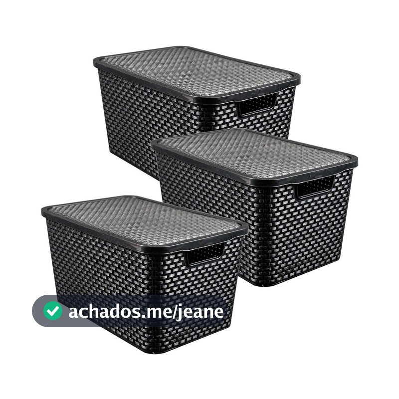 Kit 3 Caixas Organizadora Rattan 7 Litros Com Tampa Preta