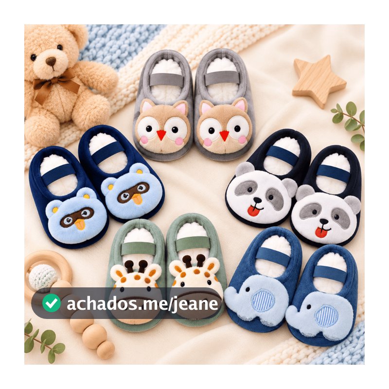 Kit 2 a 6 Pares Meia Sapatilha Bebê Menino Antiderrapante Chocalho Pelúcia 3D