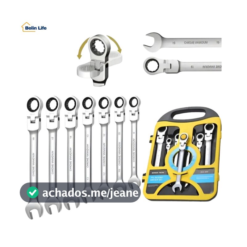 Kit Jogo Chave Combinada Com Catraca Articulada 7 Peças Aço Cromado Estojo Organizador
