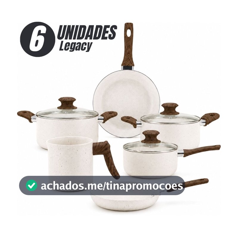 Jogo de Panelas Cerâmica Antiaderente Legacy 6 Peças Indução Tampa de Vidro Kit Frigideira Caçarola
