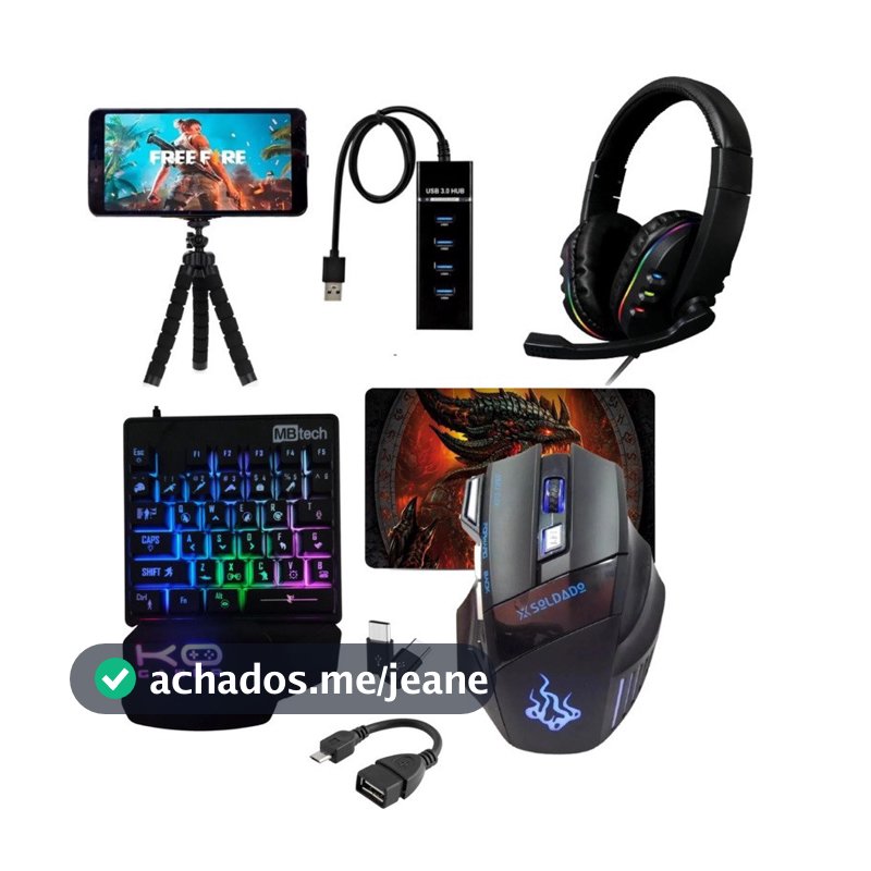 Kit Gamer Mobilador Completo Teclado One Hand + Mouse 2400DPI + Headset RGB + Hub 3.0 + Adaptador OTG p/ Celular Android