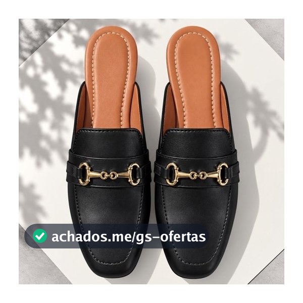 Mule sapato feminino quadrado  Muller corrente mocassim detalhe abs dourado  elegância tendencia