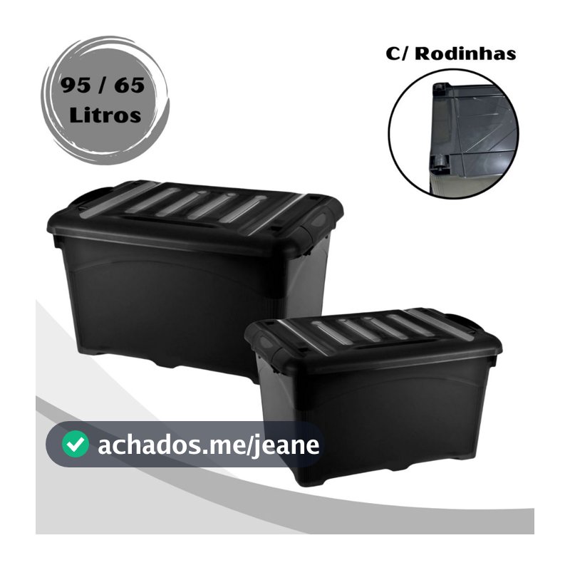 Caixas Organizadoras 95L e 65L Preta Reforçada Com Trava e Rodinhas - Container