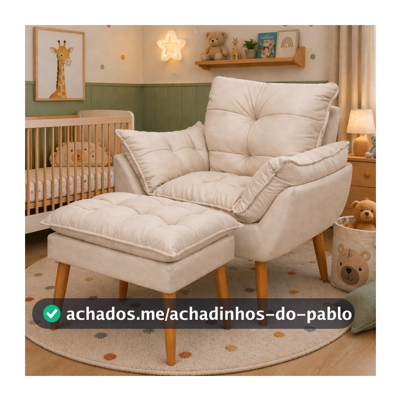 Kit Poltrona e Puff Bege Suede Decorativo Amamentação Pés Palito Fibra de Silicone - Sentta Furniture
