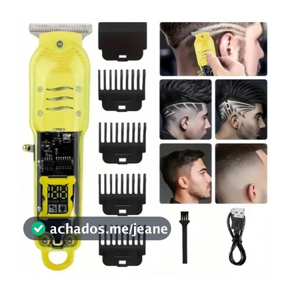 Cortador de Cabelo Profissional Sem Fio com Display LCD Inteligente e Barbeador Transparente para Homens