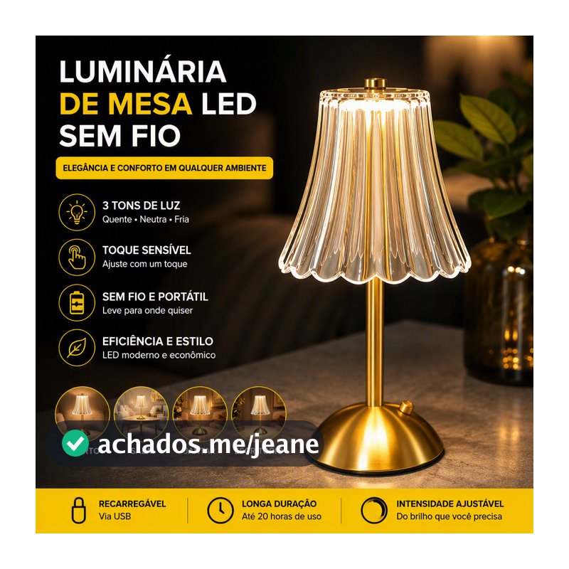Luminária Abajur de Cabeceira Quarto LED Recarregável Touch Cúpula de Cristal Dourado Elegante Decoração Sala Luxo Fofa