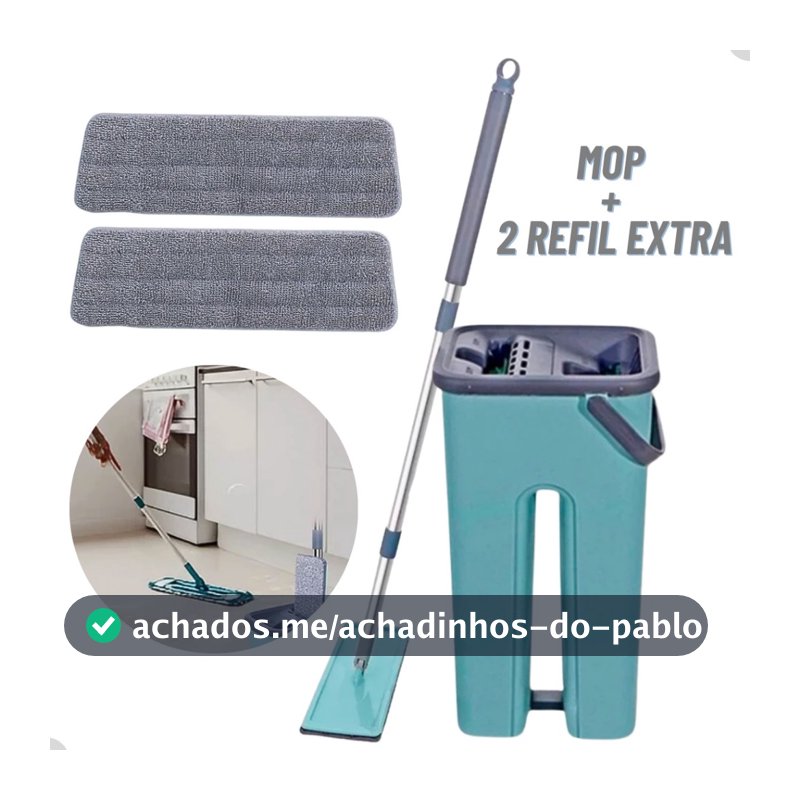 Mop Flat Esfregão Com Balde Rodo Mágico Lava Seca Tira Pó + 2 Refil