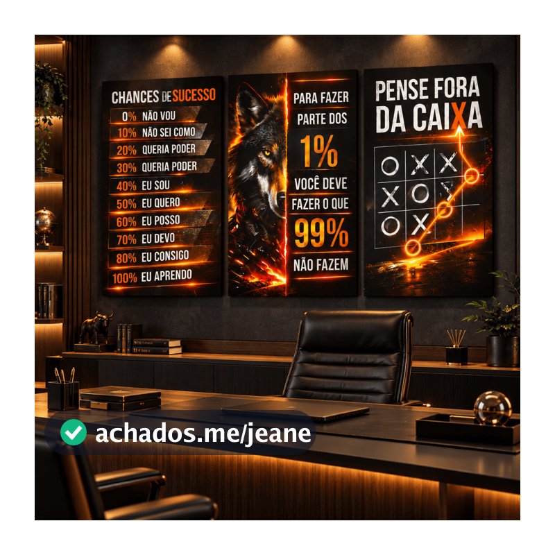 Kit 3 Quadros Motivacionais Lobo Sucesso Frases de Superação para Escritório