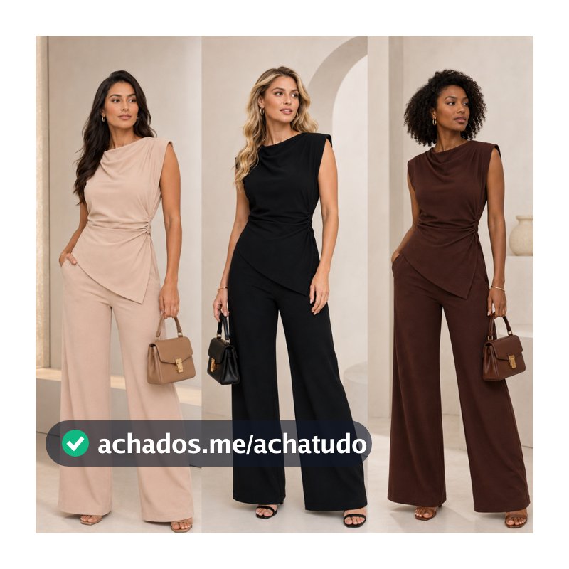 Conjunto Feminino Alfaiataria Assimétrico Blusa Franzida e Calça Panatalona Social Elegante Moda Mulher Verão Promoção