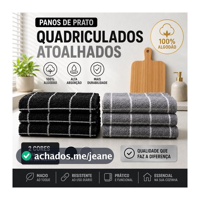 Kit 5 e 10 Pano de Prato Copa Felpudo Atoalhado 100% Algodão Quadriculado Preto e Prata