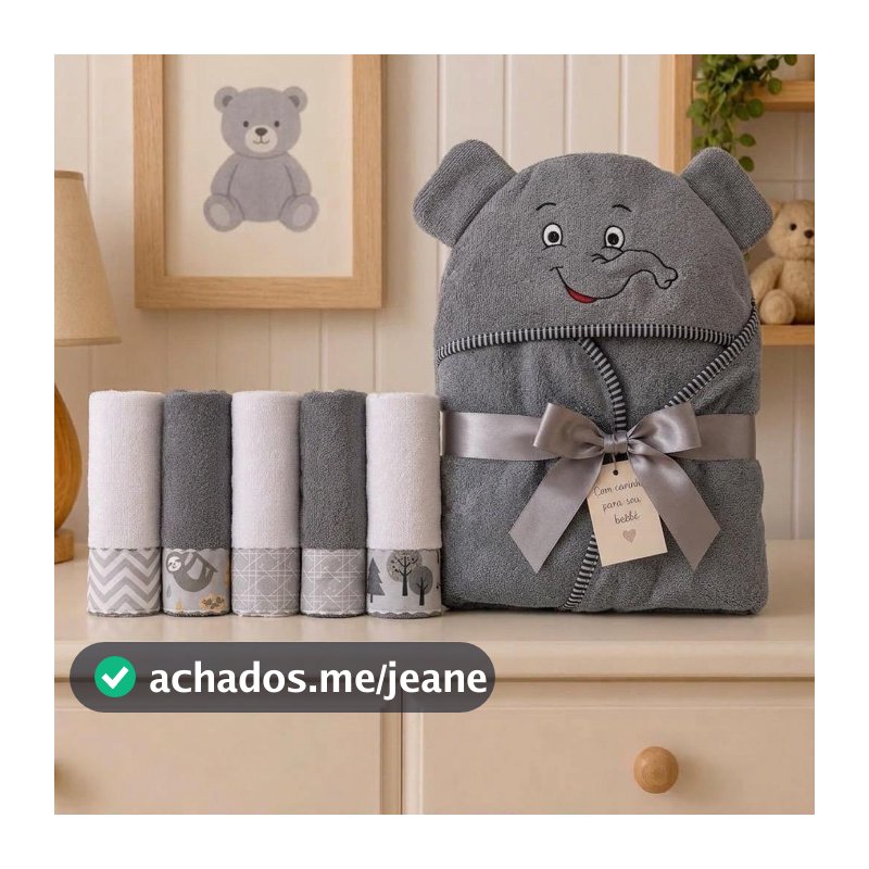 Kit Banho Bebê 6 Peças 1 Toalha Carinha Bordada E 5 Toalhinhas Ombro Overlocadas