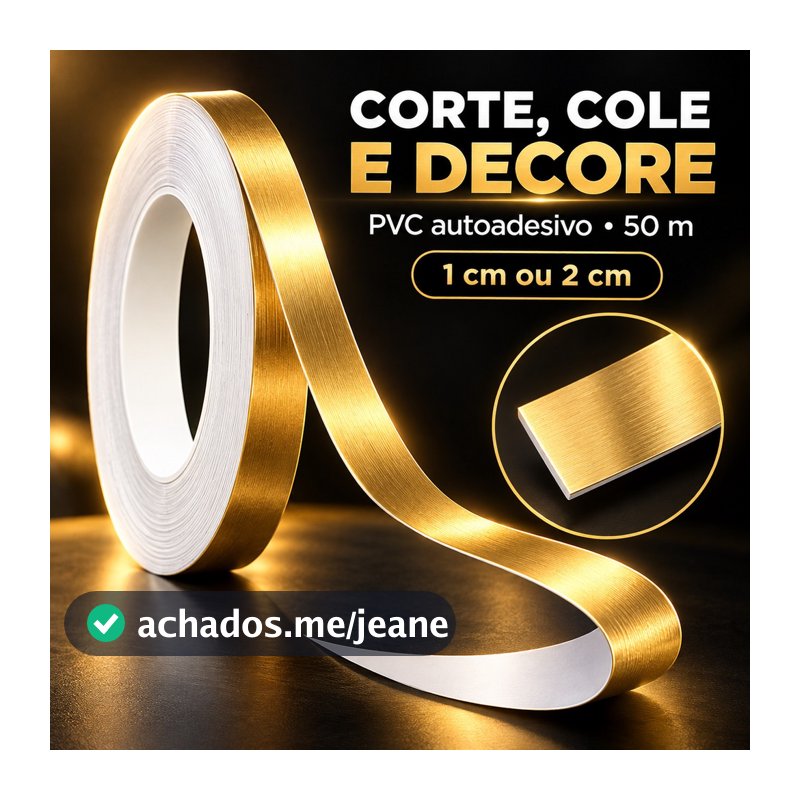 Fita Adesiva Dourada Decorativa em PVC 50 m para Rejunte de Piso e Parede 1 cm ou 2 cm