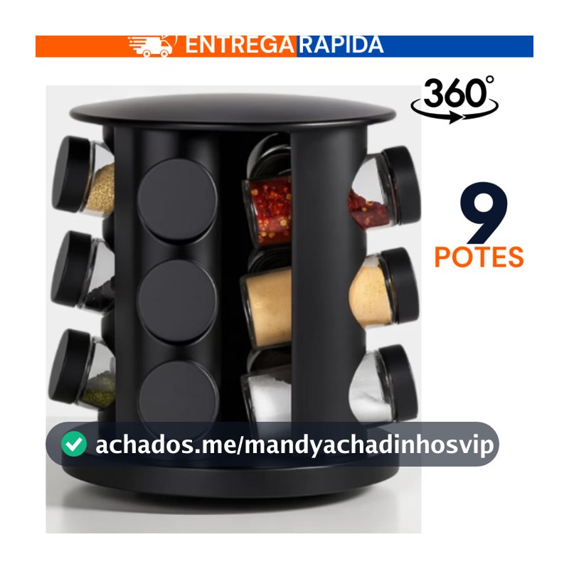 Porta Temperos Giratório 9 Potes Profissional Vidro Tampa Dosadora Preto Condimento Premium PROMOÇÃO