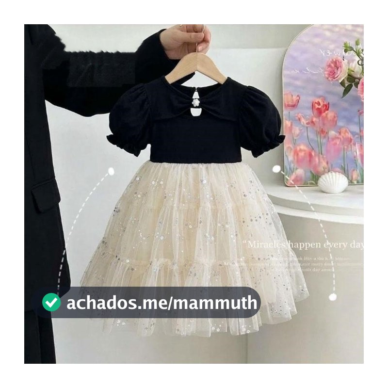 Vestido Princesa Menina Manga Balão Preto Estrela Laço Saia Tule Brilho Elegante 1 a 10 Anos