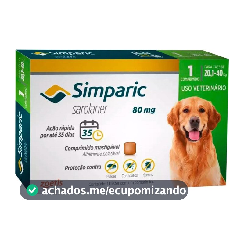 Simparic 80mg para de Cães 20,1 a 40kg - 1 Comp. - Zoetis