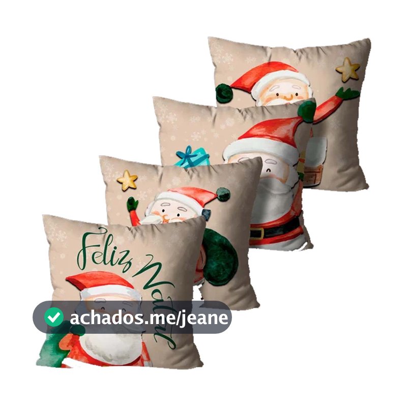 Kit 4 Capas de Almofadas Bege Feliz Natal Papai Noel