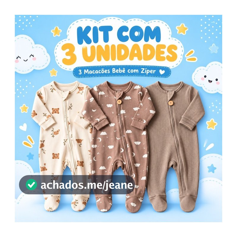 Kit 3 Macacão Roupas Bebê com Zíper 100% Algodão