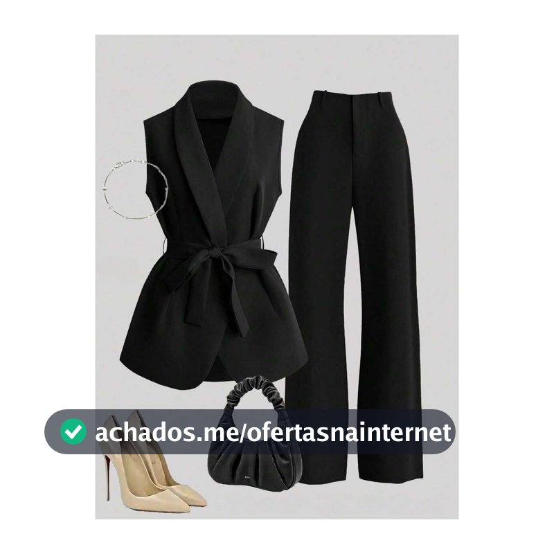 Conjunto de colete de terno de comprimento médio e calças casuais com gola de lenço feminina, cor lisa.