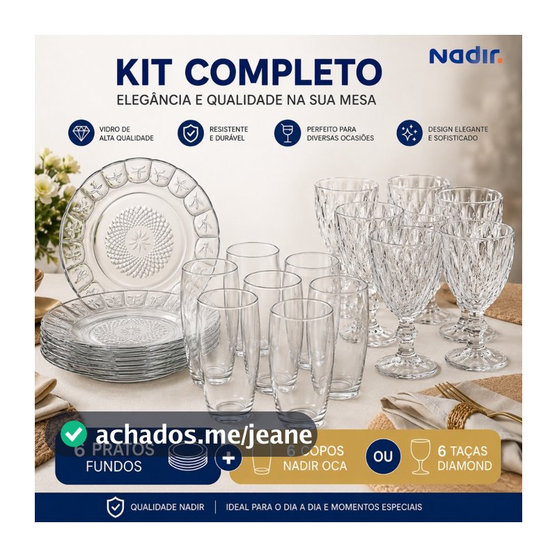 Kit 6 Copos ou Taças + 6 Pratos Fundos Vidro Resistente Jogo Mesa Cozinha