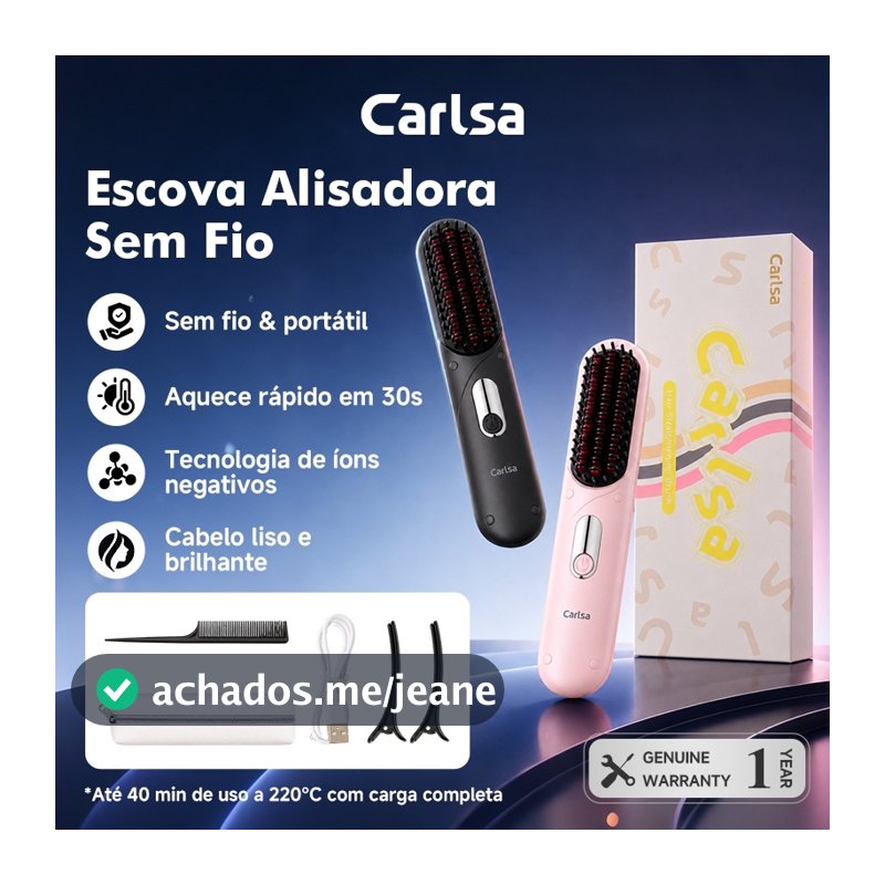 【New】Carlsa Escova Alisadora Sem Fio com 5 Temperaturas, Íons Negativos, Recarregável USB-C, Portátil para Cabelos Lisos