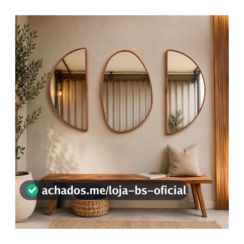 Kit 3 Espelhos Decorativos 2 Meia Lua 60x30 + 1 Orgânico 60x40 Moldura Couro + Suporte Sala Quarto Banheiro Hall