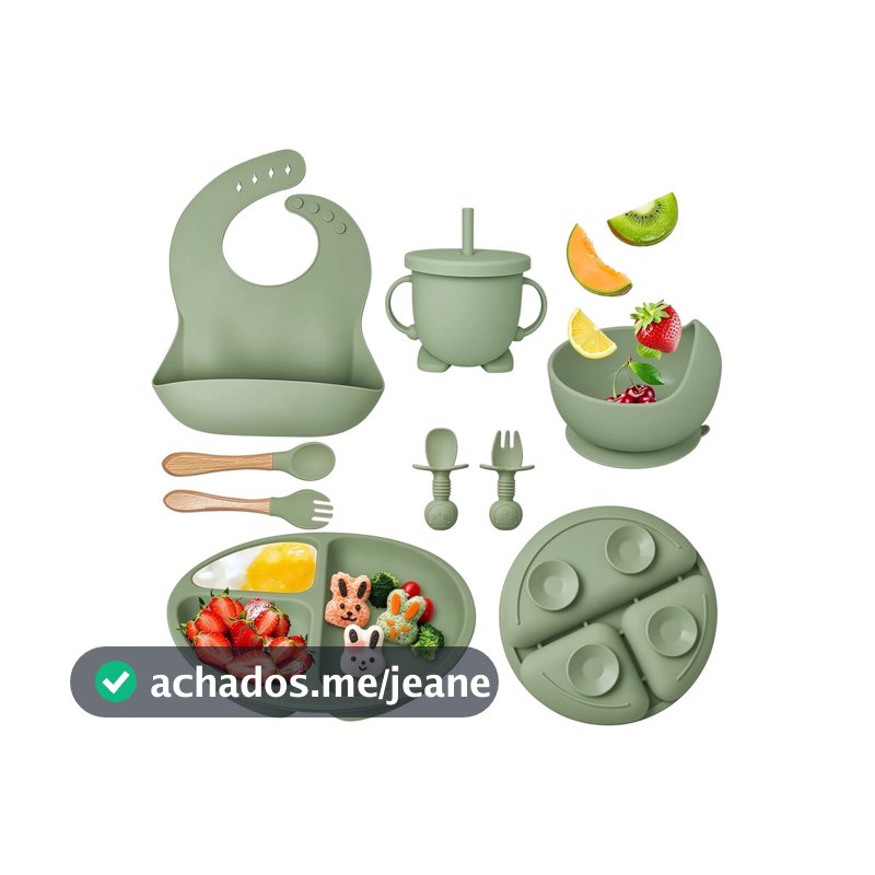 Kit 8pçs Talheres de Silicone p/ Bebê c/ Ventosa, Colher, Garfo, Canudo e Babador Infantil