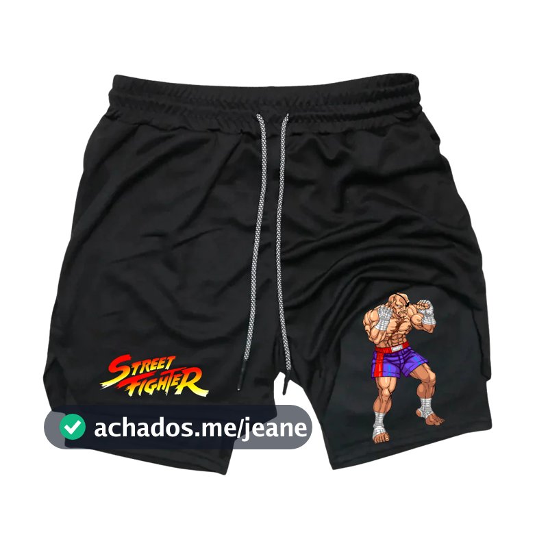 Bermuda Dri Fit Dupla com Forro Compressão Bolso Interno para Celular Street Fighter Proteção UV