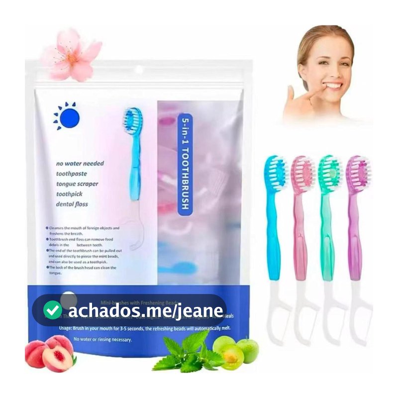 Escova de Dentes de Viagem Descartável 4 em 1 com Pasta em Grânulos e Fio Dental – Kit com 12 Unidades