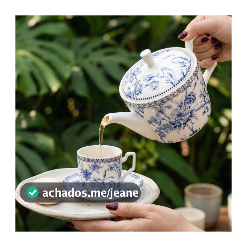 Jogo de Chá 5 Peças Porcelana New Bone Azul Hortênsia Bule 750ml e 4 Xícaras 90ml Luxo Elegante
