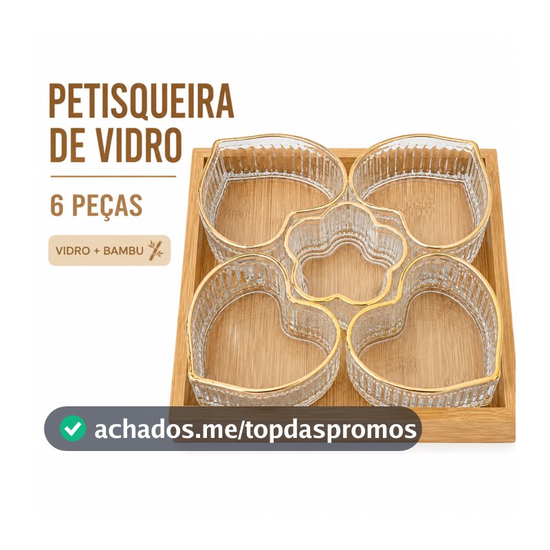 Petisqueira de Vidro 6 Peças com Bandeja de Bambu Tigelas Coração e Flor para Petiscos Doces e Frutas