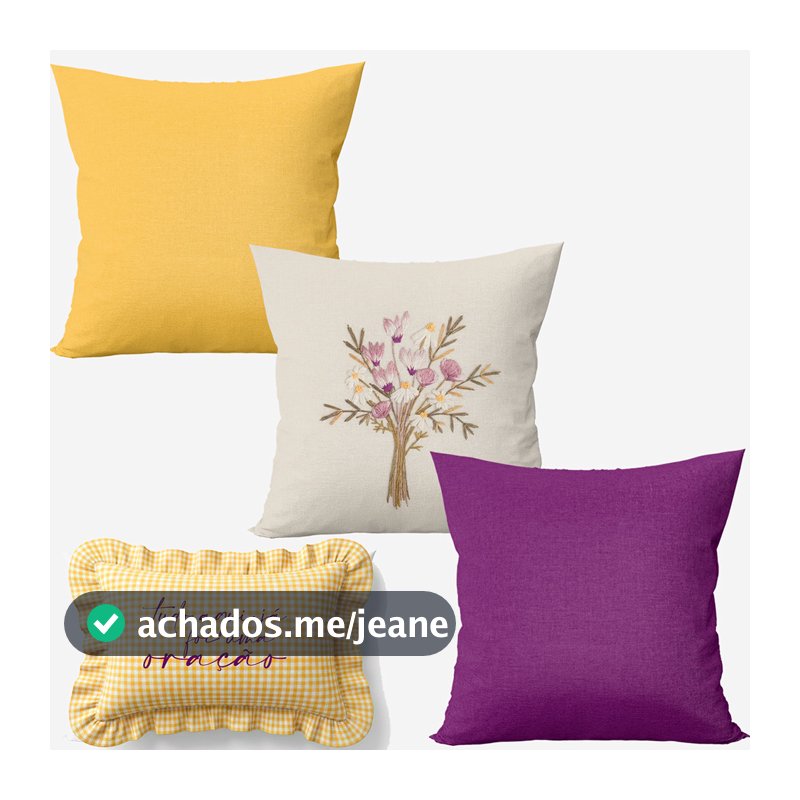 Kit 4 Capas de Almofadas Farmhouse Amarelo & Roxo  + Baguete Babado Xadrez BordadoFrase