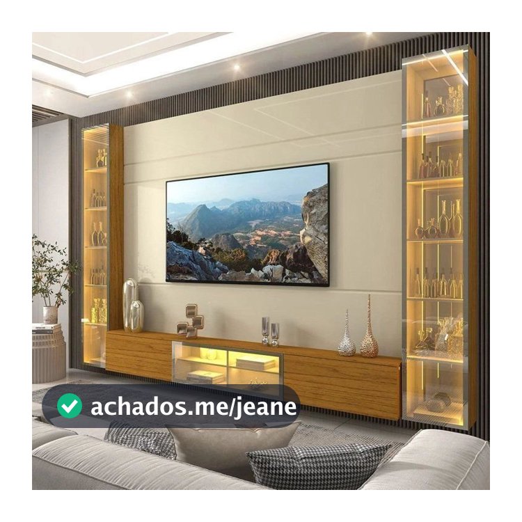 Estante para TV até 90 Polegadas com Cristaleira 100% MDF C LED C Vidro Reflecta 293,4x217,6cm Bege Off White/Naturale