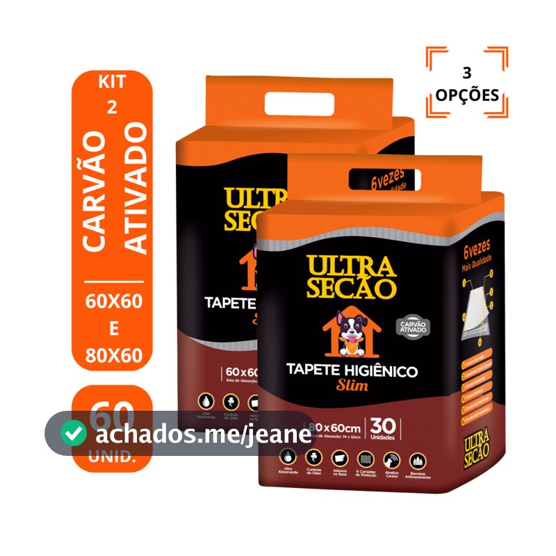Kit 2 Tapetes para Cachorro Cão Higiênico Ultra Secão Carvão ativado 60x60cm 80x60  60 Unidades