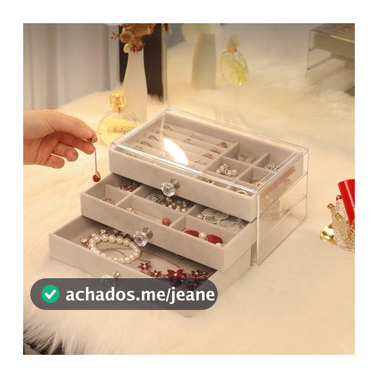 Porta Joia Acrílico Luxo Com 3 Camadas Brinco Anel Compartimento caixa de armazenamento de jóias-COR BEGE